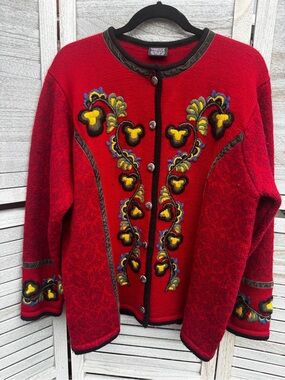 Vrikke Norwegian Wool Cardigan Fair Isle Folk Red M